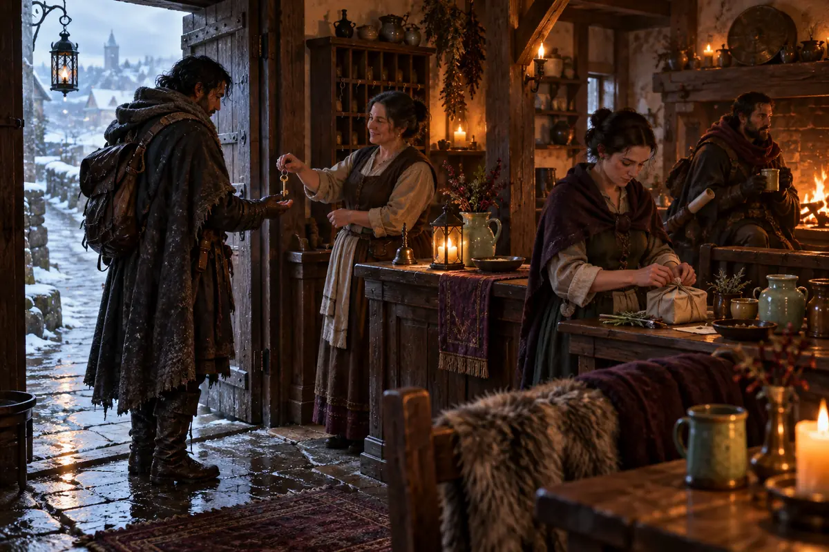 Illustration de « Trois Services d’une Auberge de Berdusk », centrée sur une situation directement jouable.