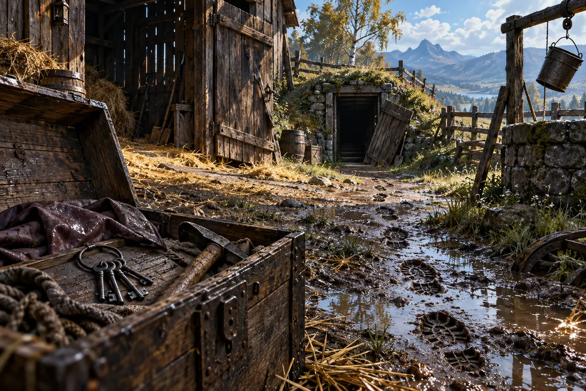 Illustration de « Trois Trouvailles dans une Ferme Abandonnée », centrée sur une situation directement jouable.